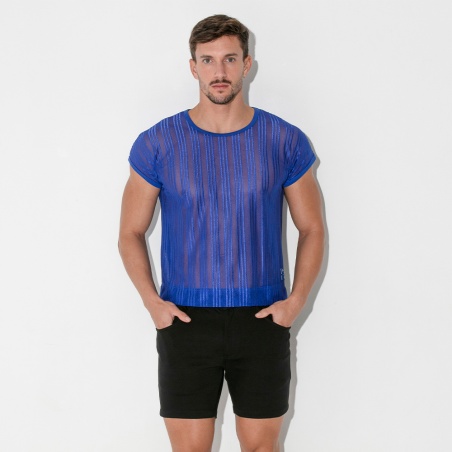Striped mesh crop t-shirt blue