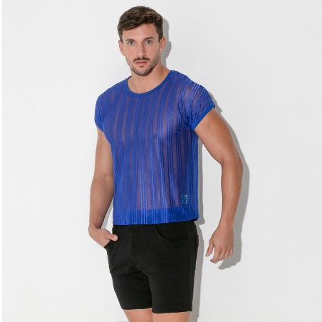 Striped mesh crop t-shirt blue