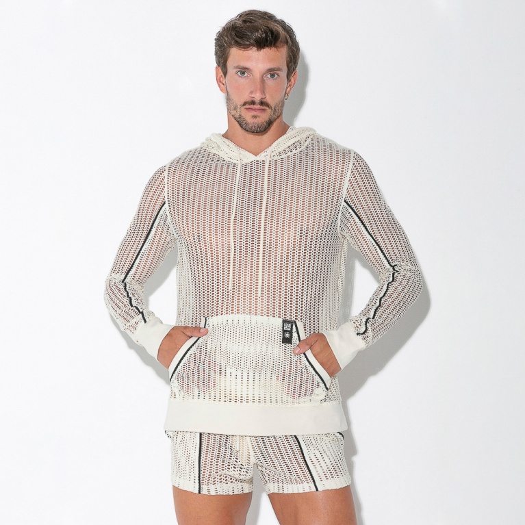 Sweat à capuche en jacquard ajouré blanc cassé