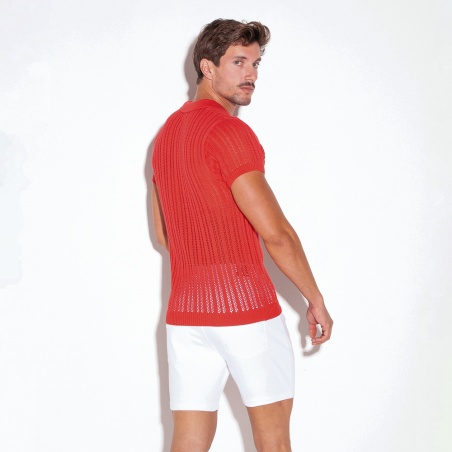 Knitted stripe polo coral