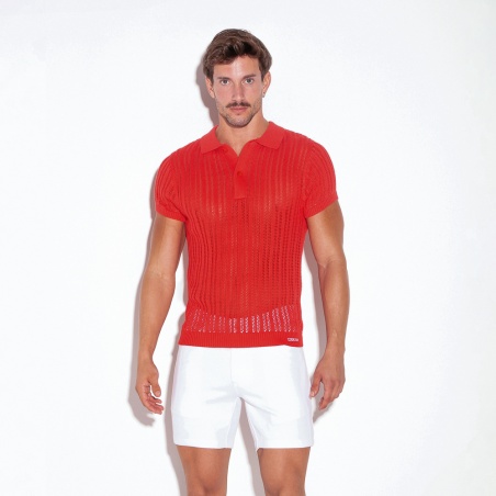 Knitted stripe polo coral