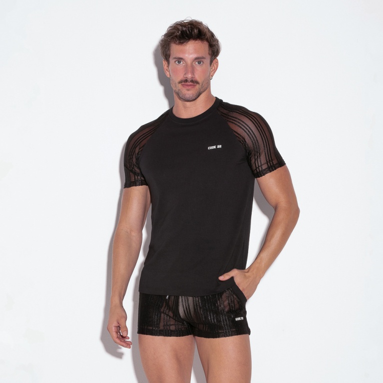T-shirt manches a mesh rayée noir