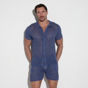 Chemise en maille crochet avec boutons bleu
