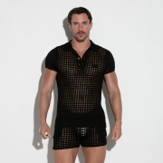 Crochet knit polo black