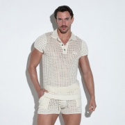 Polo en maille crochet blanc cassé