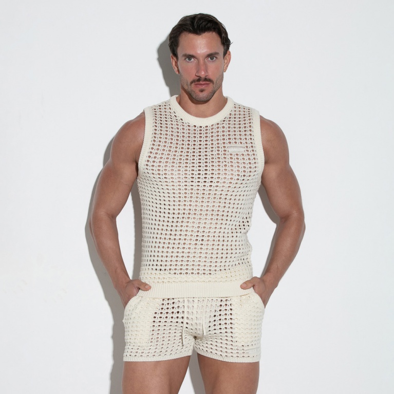 Camiseta tank de punto de croché blanco roto