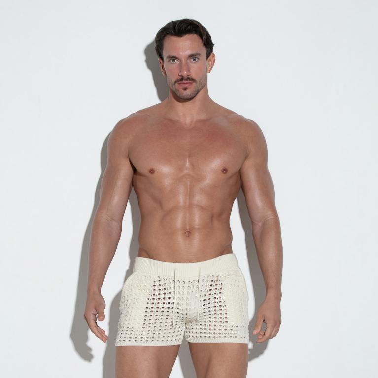 Pantalón corto de punto croché blanco roto