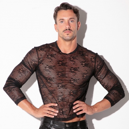Top de encaje transparente de manga larga negro