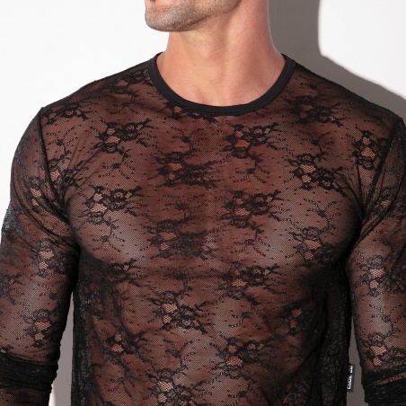 Top en dentelle transparente à manches longues noir