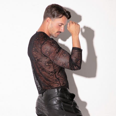 Top de encaje transparente de manga larga negro