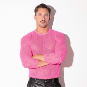 Top en dentelle transparente à manches longues rose fluo