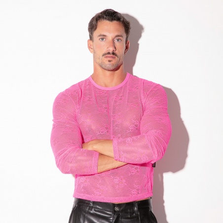 Top en dentelle transparente à manches longues rose fluo
