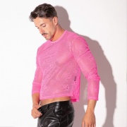 Top en dentelle transparente à manches longues rose fluo