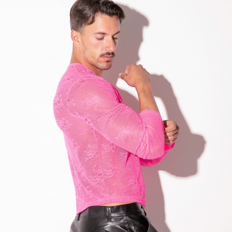 Top en dentelle transparente à manches longues rose fluo