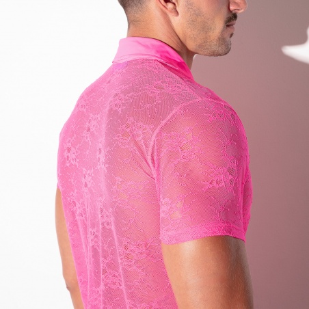 Sheer lace polo shirt neon pink