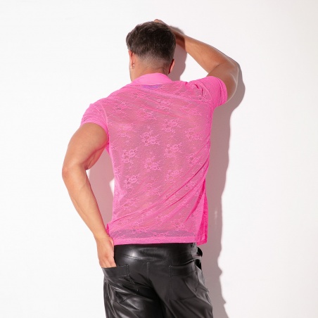 Polo en dentelle transparente rose fluo