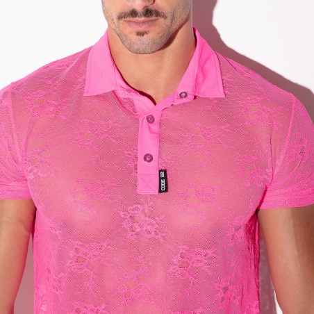 Polo de encaje transparente rosa flúor