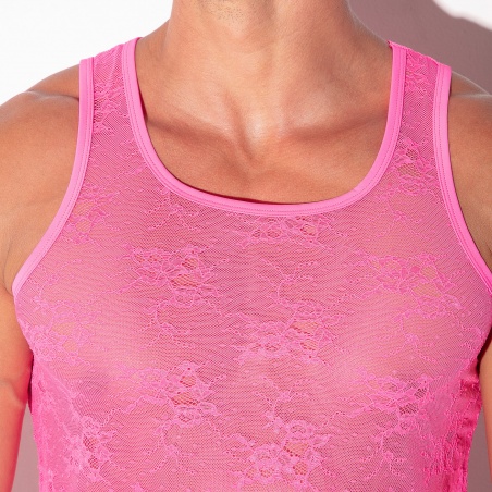 Débardeur en dentelle transparente rose fluo