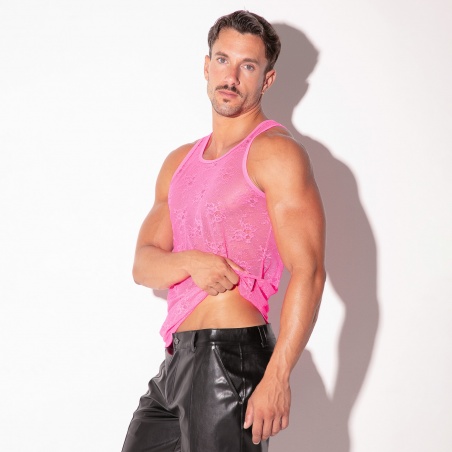 Camiseta de tirantes de encaje transparente rosa flúor