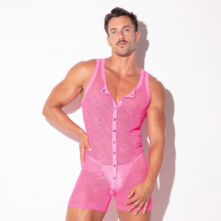 Sheer Lace Romper neon pink