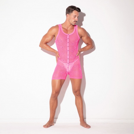 Sheer Lace Romper neon pink