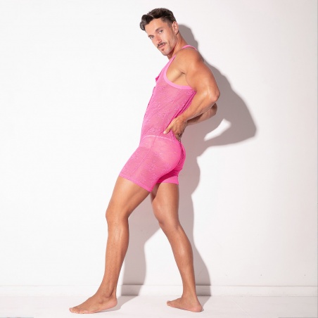 Combinaison en dentelle transparente rose fluo